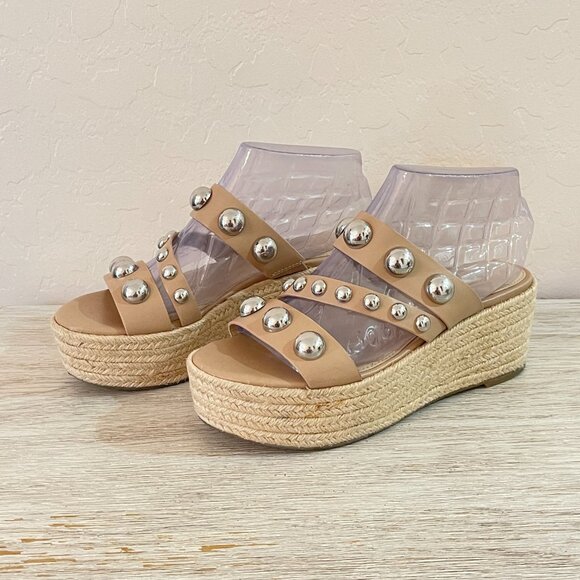 Marc Fisher 6.5 Jalyn Sandals Nude Silver Studs Espadrille Platform Wedge Slides - Picture 2 of 13